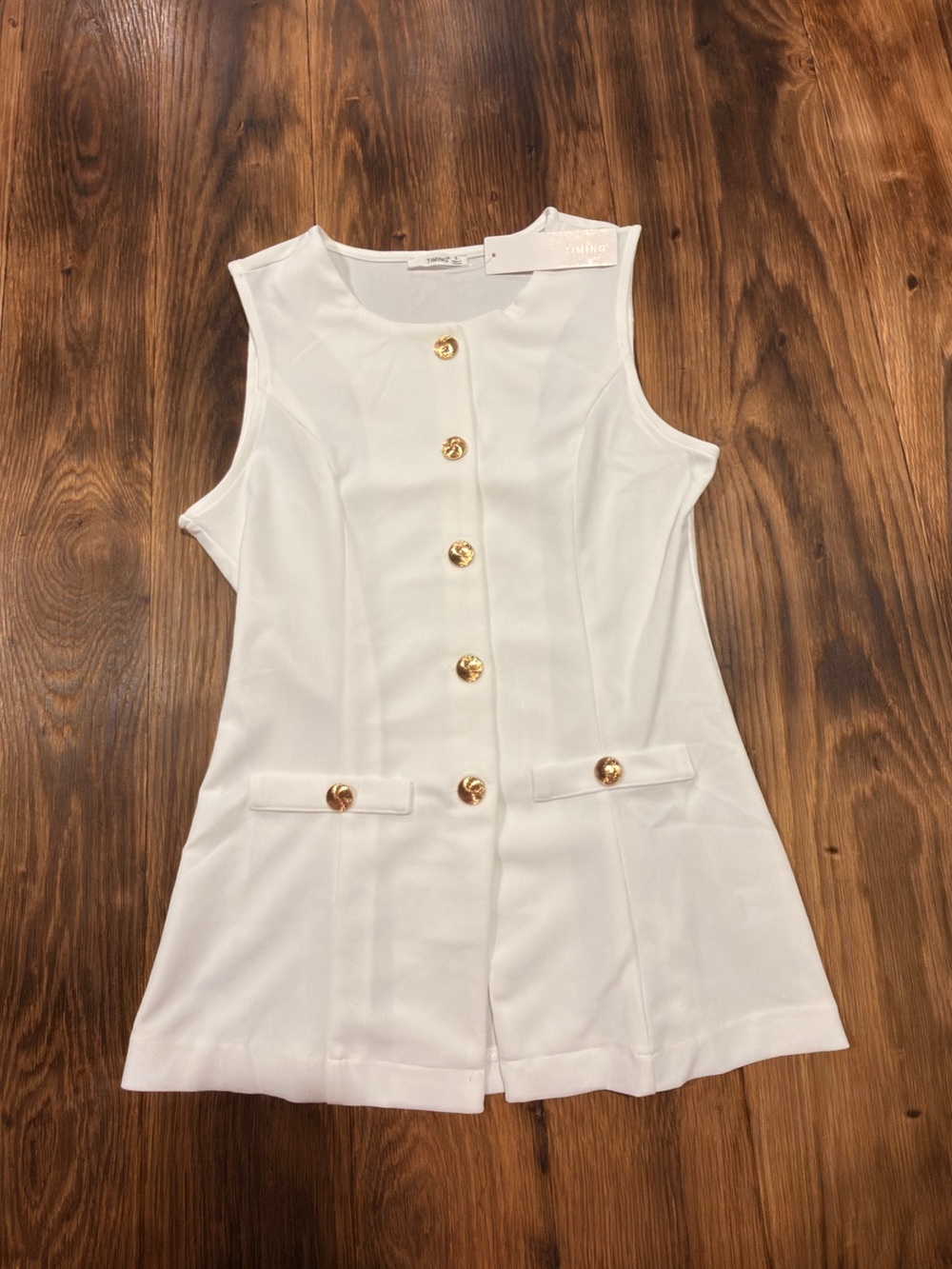 Timing White Sleeveless Mini Dress with Gold Buttons